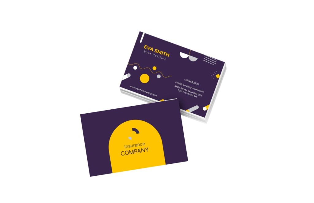 Business card designs with bold colors and unique shapes.
